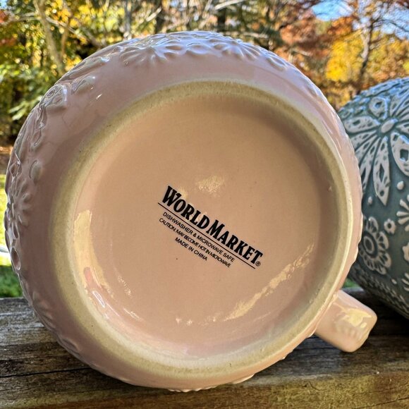 World Market “Jolly Hearts” Mugs, Lt Blue/White and Pink/White Floral Embossed - Picture 10 of 11